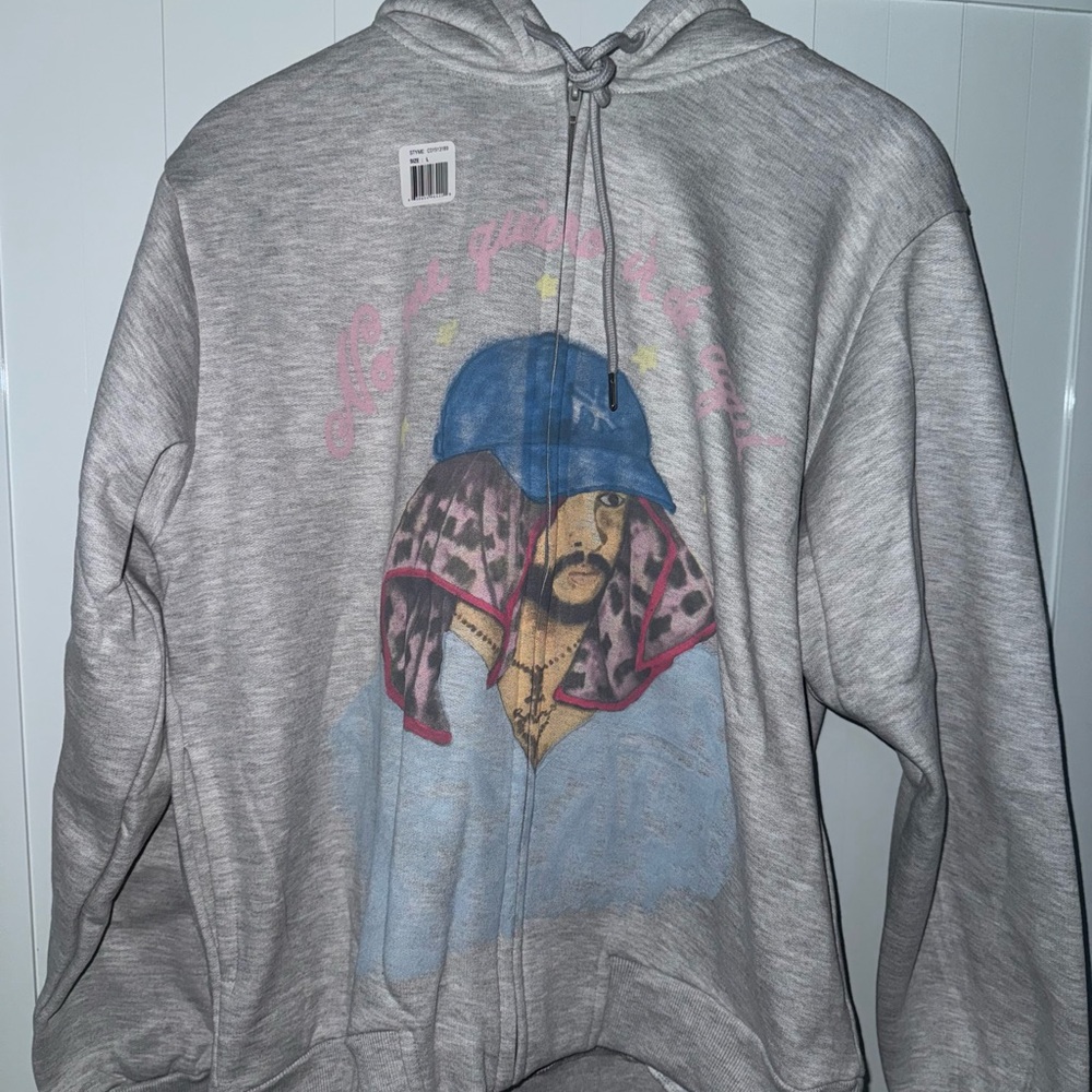 Stylish Gray Zip-Up Sweater with Graphic Design